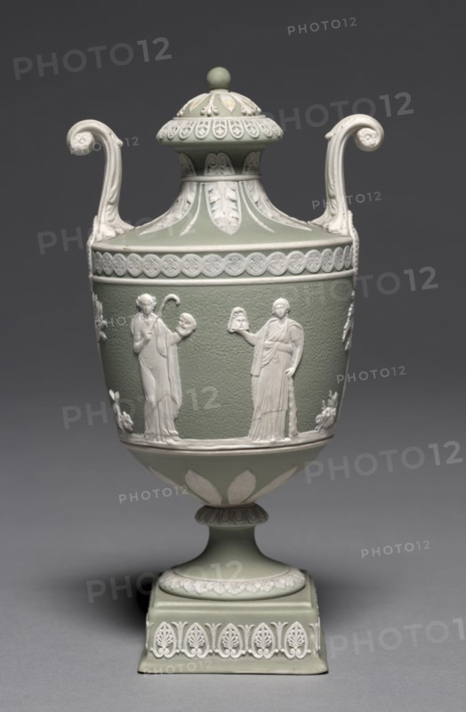 Covered Urn, c. 1800. Wedgwood Factory (British). Jasper ware with relief decoration; overall: 19.7 cm (7 3/4 in.).