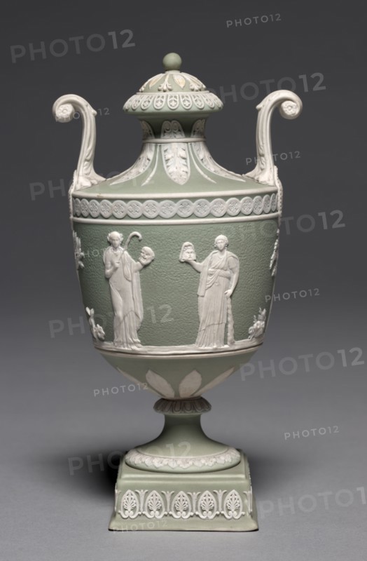 Covered Urn, c. 1800. Wedgwood Factory (British). Jasper ware with relief decoration; overall: 19.7 cm (7 3/4 in.).