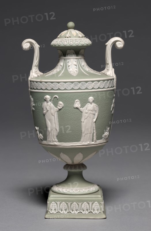 Pair of Covered Urns, c. 1800. Wedgwood Factory (British). Jasper ware with relief decoration; overall: 19.7 cm (7 3/4 in.).