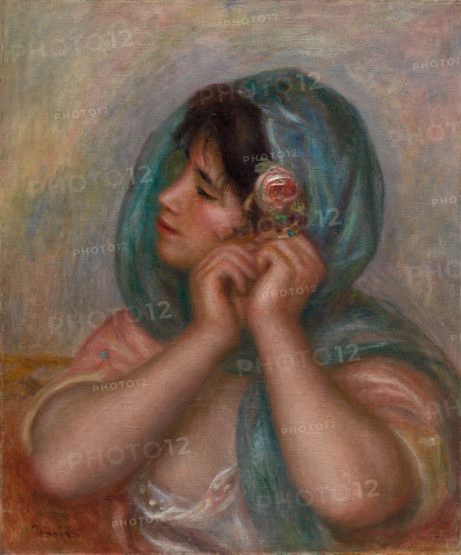 Young Woman Arranging Her Earring, 1905. Pierre-Auguste Renoir (French, 1841-1919). Oil on fabric; framed: 76.5 x 67.5 x 10 cm (30 1/8 x 26 9/16 x 3 15/16 in.); unframed: 55.3 x 46.4 cm (21 3/4 x 18 1/4 in.).