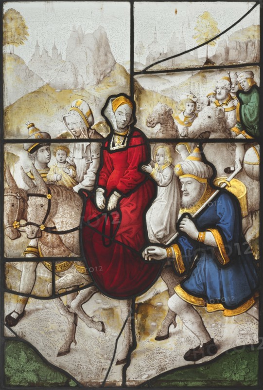 Jacob Returning to Canaan with Rachael and Leah Pursued by Laban, c. 1525. North Netherlands, 16th century. Pot-metal and white glass, and silver stain; overall: 71.1 x 50.3 cm (28 x 19 13/16 in.)