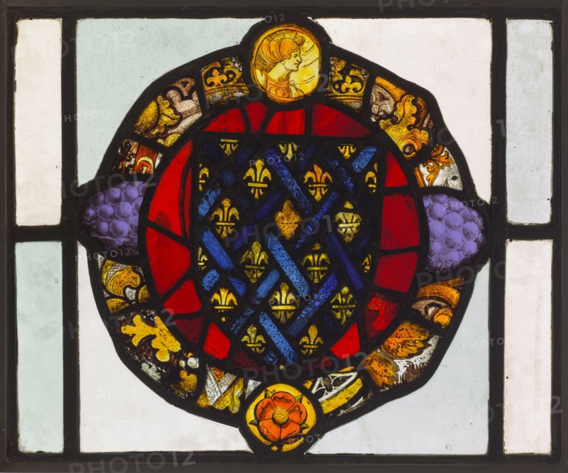 Panel, 1500s. England, 16th century. Pot-metal and white glass, silver stain; overall: 41.3 x 50.8 cm (16 1/4 x 20 in.); part 1: 39.7 x 37.8 cm (15 5/8 x 14 7/8 in.)