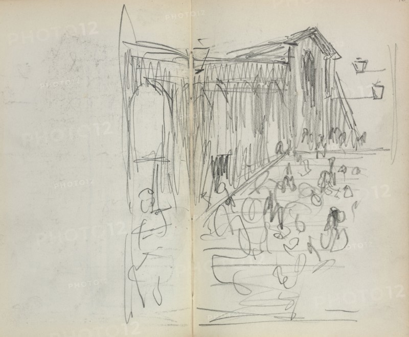 Italian Sketchbook: Bridge with Figures (page 95 & 96), 1898-1899. Maurice Prendergast (American, 1858-1924). Pencil; sheet: 16.7 x 10.8 cm (6 9/16 x 4 1/4 in.).