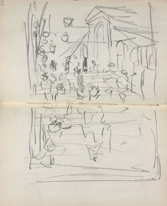 Italian Sketchbook: Bridge with Figures (page 209 & 210), 1898-1899. Maurice Prendergast (American, 1858-1924). Pencil; sheet: 16.7 x 10.8 cm (6 9/16 x 4 1/4 in.).