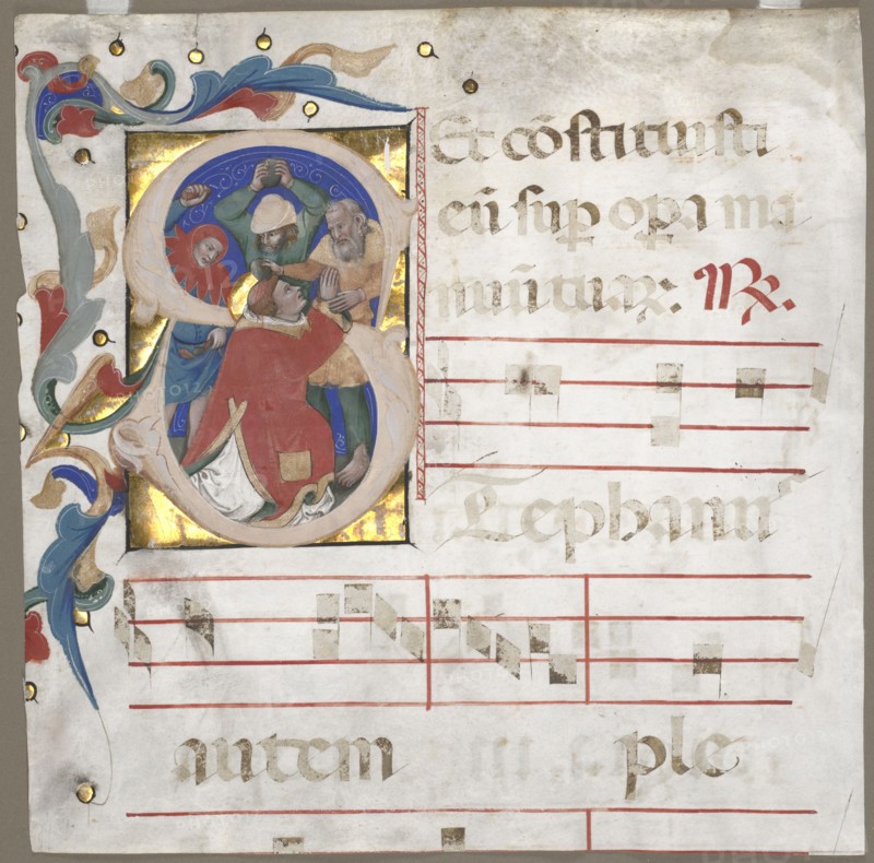 Fragment of an Antiphonary with Historiated Initial (S): The Stoning of St. Stephen, c. 1370-1372. Nicolò da Bologna (Italian, c. 1325-1403). Ink, tempera, and gold on parchment; sheet: 33 x 33 cm (13 x 13 in.)