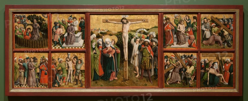 Altarpiece with The Passion of Christ, c. 1440s. Master of the Schlägl Altarpiece (German). Oil and gold on wood; framed: 88.9 x 157.5 x 8.3 cm (35 x 62 x 3 1/4 in.); unframed: 74.3 x 69.8 cm (29 1/4 x 27 1/2 in.); part 1: 84.9 x 81.4 x 8.3 cm (33 7/16 x 32 1/16 x 3 1/4 in.); part 2: 84.6 x 152.2 x 8.3 cm (33 5/16 x 59 15/16 x 3 1/4 in.); part 3: 84.6 x 78.7 x 8.3 cm (33 5/16 x 31 x 3 1/4 in.); panel: 36.2 x 35 cm (14 1/4 x 13 3/4 in.).