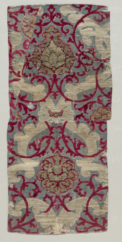 Fragment of Velvet, 15th century. Spain, 15th century. Velvet (cut, voided, and brocaded); silk and silver-gilt strips; average: 69.9 x 31.5 cm (27 1/2 x 12 3/8 in.)