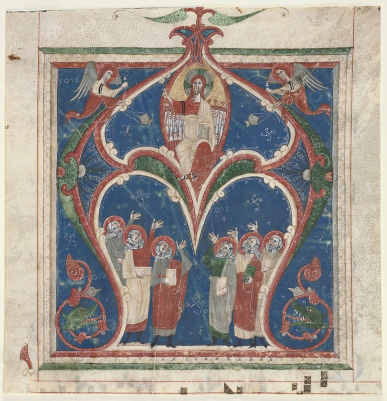 Historiated Initial (A) Excised from an Antiphonary: Christ in Majesty with Prophets, c. 1280-1300. Central Italy, 13th century. Ink, tempera, and gold on parchment; sheet: 28.4 x 27.5 cm (11 3/16 x 10 13/16 in.)
