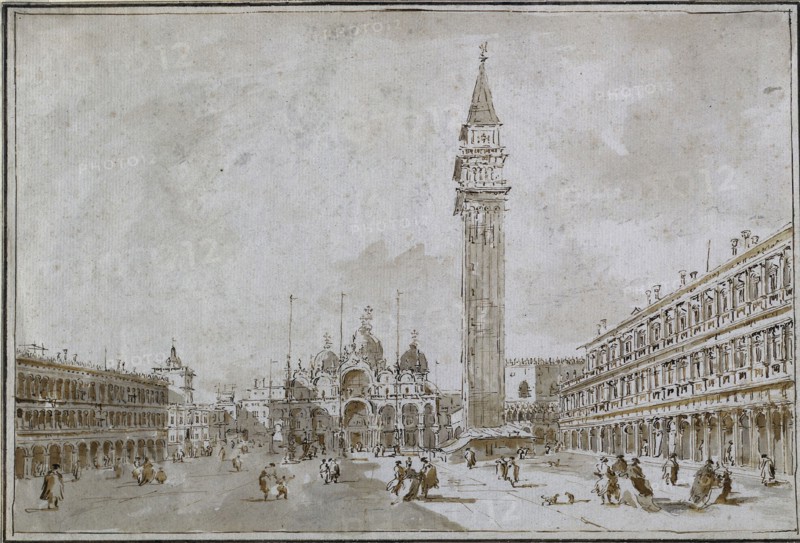Piazza San Marco, Venice, 1780s. Francesco Guardi (Italian, 1712-1793). Pen and brown ink, brush and  brown wash, with brush and gray wash (possibly chalk) and traces of black chalk, framing lines in brown and black ink; sheet: 31.3 x 46.5 cm (12 5/16 x 18 5/16 in.).