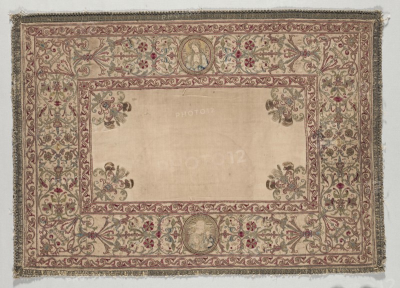 Chalice Cover (?), 1587. Italy, 16th century. Embroidery; silk and gold filé on linen; overall: 55 x 77.5 cm (21 5/8 x 30 1/2 in.)
