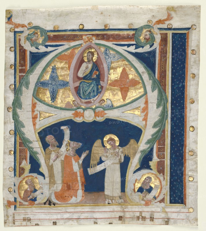 Historiated Initial (A) Excised from a Gradual: Christ in Majesty with King David and Prophets, c. 1300-1340. Italy, Florence(?), 14th century. Ink, tempera, and gold on parchment; sheet: 28 x 24 cm (11 x 9 7/16 in.)
