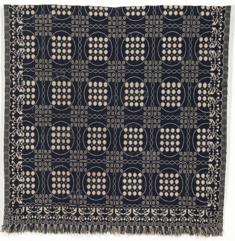 Coverlet, 1840. America, Ohio, Clinton County, Port William, 19th century. Double weave: wool and cotton ; average: 203.2 x 212.7 cm (80 x 83 3/4 in.).