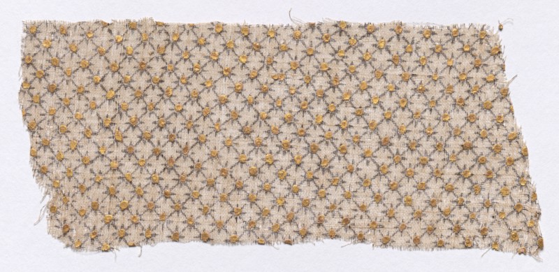 Fragment, 1800s. India, Rajasthan or Northern Deccan, 19th century. Block printed, painted and overprinted with gold leaf; cotton; overall: 6 x 14 cm (2 3/8 x 5 1/2 in.)