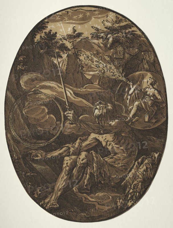 Demogorgon in the Cave of Eternity, c. 1588. Hendrick Goltzius (Dutch, 1558–1617). Chiaroscuro woodcut; overall: 34.9 x 26.2 cm (13 3/4 x 10 5/16 in.)