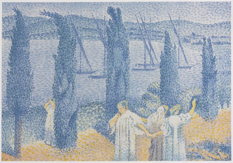 The Promenade (Landscape with Cypresses), La Promenade (Paysage aux cyprès), 1897. Henri-Edmond Cross (French, 1856-1910). Color lithograph on chine collé