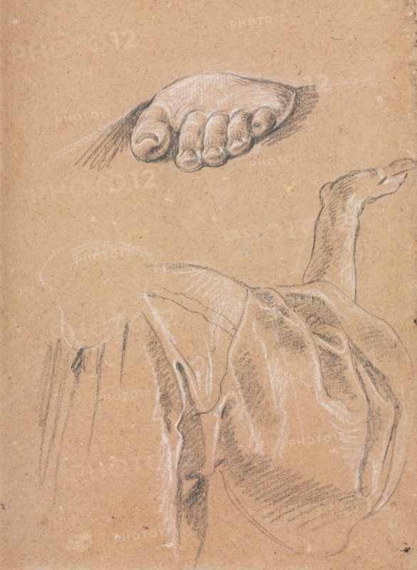 Verona Sketchbook: Study of a left foot and drapery study with right arm (page 79), 1760. Francesco Lorenzi (Italian, 1723-1787). Black chalk with white heightening ; sheet: 32 x 23 cm (12 5/8 x 9 1/16 in.).