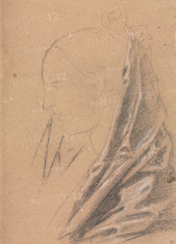 Verona Sketchbook: Female head with drapery  (page 81), 1760. Francesco Lorenzi (Italian, 1723-1787). Black chalk with white heightening ; sheet: 32 x 23 cm (12 5/8 x 9 1/16 in.).