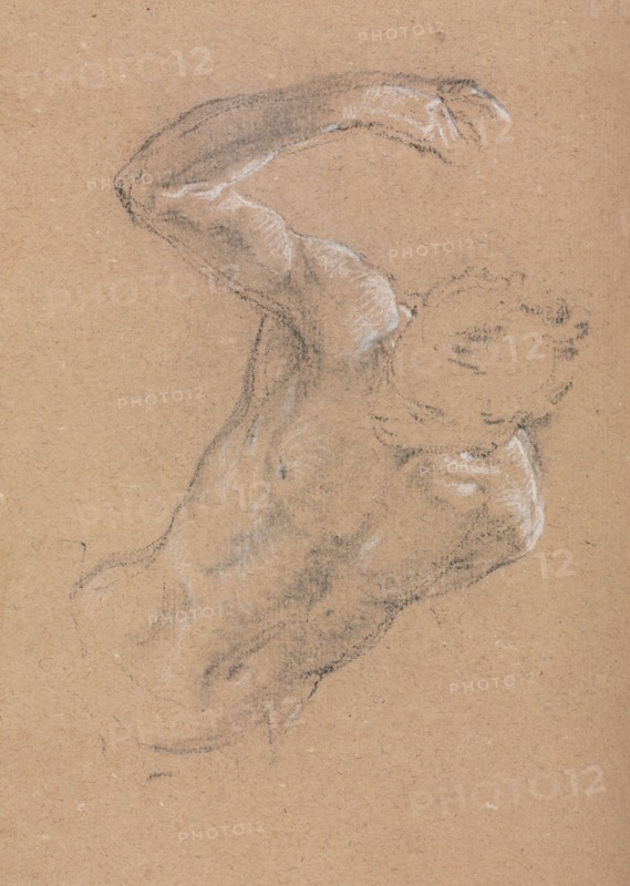 Verona Sketchbook :Male nude with upraised right arm (page 32), 1760. Francesco Lorenzi (Italian, 1723-1787). Black chalk with white heightening ; sheet: 32 x 23 cm (12 5/8 x 9 1/16 in.).