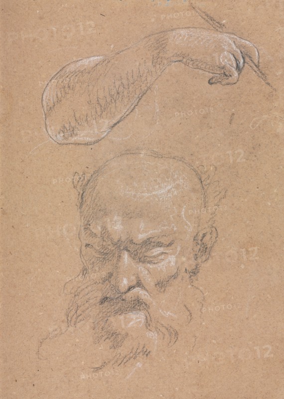 Verona Sketchbook: Head of a bearded man and right arm and hand (page 59), 1760. Francesco Lorenzi (Italian, 1723-1787). Black chalk with white heightening ; sheet: 32 x 23 cm (12 5/8 x 9 1/16 in.).