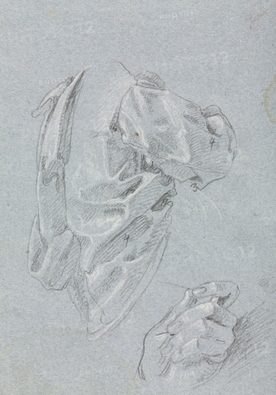 Verona Sketchbook: Drapery study with left hand (page 86), 1760. Francesco Lorenzi (Italian, 1723-1787). Black chalk with white heightening ; sheet: 32 x 23 cm (12 5/8 x 9 1/16 in.).