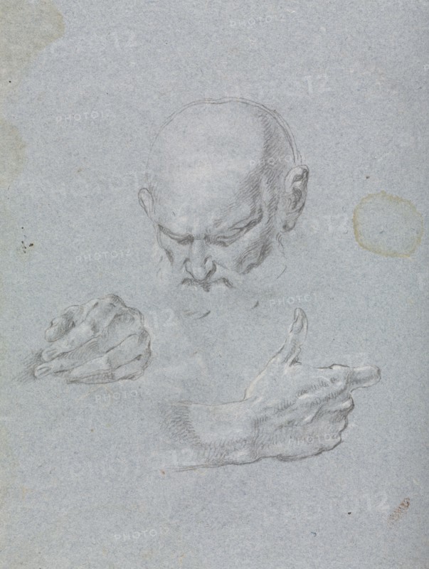 Verona Sketchbook: Head of a man with hands (page 8), 1760. Francesco Lorenzi (Italian, 1723-1787). Black chalk with white heightening ; sheet: 32 x 23 cm (12 5/8 x 9 1/16 in.).