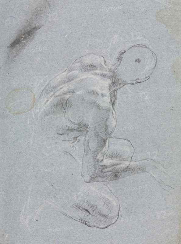 Verona Sketchbook: Male nude from back (page 9), 1760. Francesco Lorenzi (Italian, 1723-1787). Black chalk with white heightening ; sheet: 32 x 23 cm (12 5/8 x 9 1/16 in.).