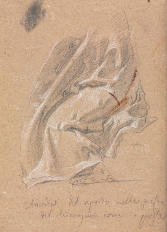 Verona Sketchbook: Drapery study with foot and inscription (page 88) , 1760. Francesco Lorenzi (Italian, 1723-1787). Black chalk with white heightening ; sheet: 32 x 23 cm (12 5/8 x 9 1/16 in.).