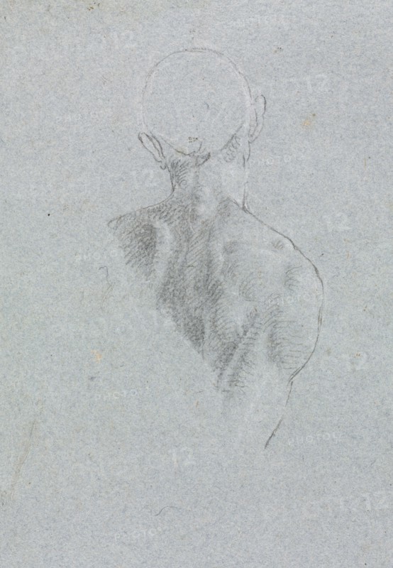 Verona Sketchbook: Male nude head and shoulders from behind (page 62), 1760. Francesco Lorenzi (Italian, 1723-1787). Black chalk with white heightening ; sheet: 32 x 23 cm (12 5/8 x 9 1/16 in.).