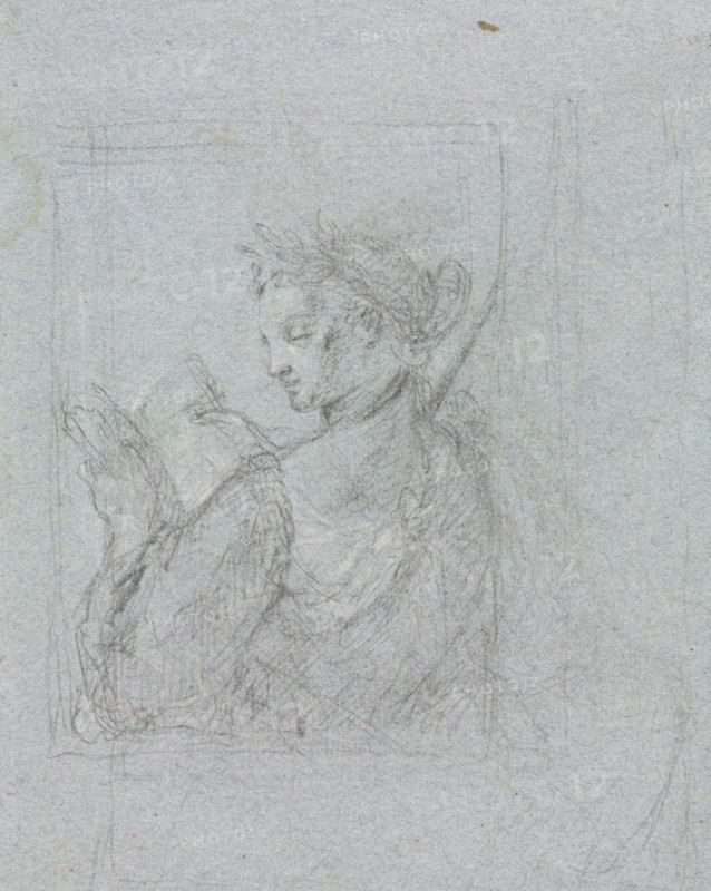 Verona Sketchbook: Female figure with open book (page 63), 1760. Francesco Lorenzi (Italian, 1723-1787). Black chalk with white heightening ; sheet: 32 x 23 cm (12 5/8 x 9 1/16 in.).