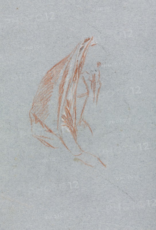Verona Sketchbook: Female figure with cloak (page 40), 1760. Francesco Lorenzi (Italian, 1723-1787). Red chalk with white heightening ; sheet: 32 x 23 cm (12 5/8 x 9 1/16 in.).