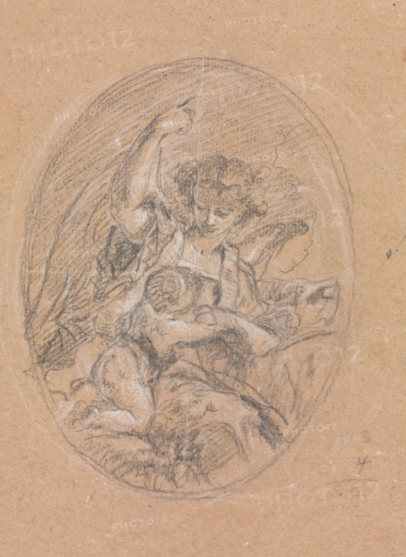 Verona Sketchbook: Figure with child in roundel (page 67), 1760. Francesco Lorenzi (Italian, 1723-1787). Black chalk with white heightening; sheet: 32 x 23 cm (12 5/8 x 9 1/16 in.).