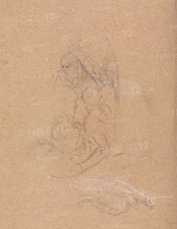 Verona Sketchbook: Figures in a roundel with study of a hand (page 70), 1760. Francesco Lorenzi (Italian, 1723-1787). Black chalk with white heightening; sheet: 32 x 23 cm (12 5/8 x 9 1/16 in.).