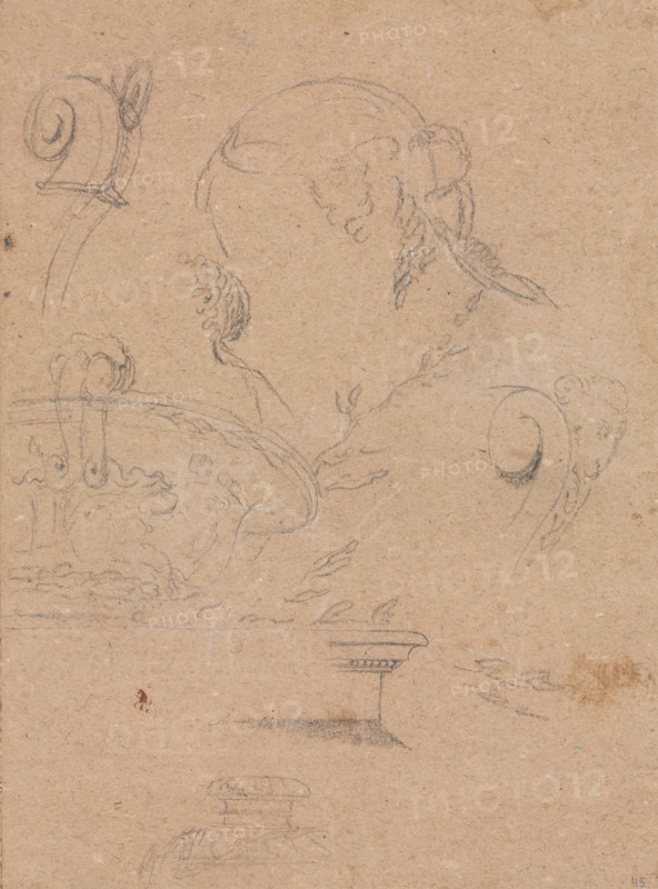 Verona Sketchbook: Architectural motifs with female head (page 45), 1760. Francesco Lorenzi (Italian, 1723-1787). Black chalk with white heightening ; sheet: 32 x 23 cm (12 5/8 x 9 1/16 in.).