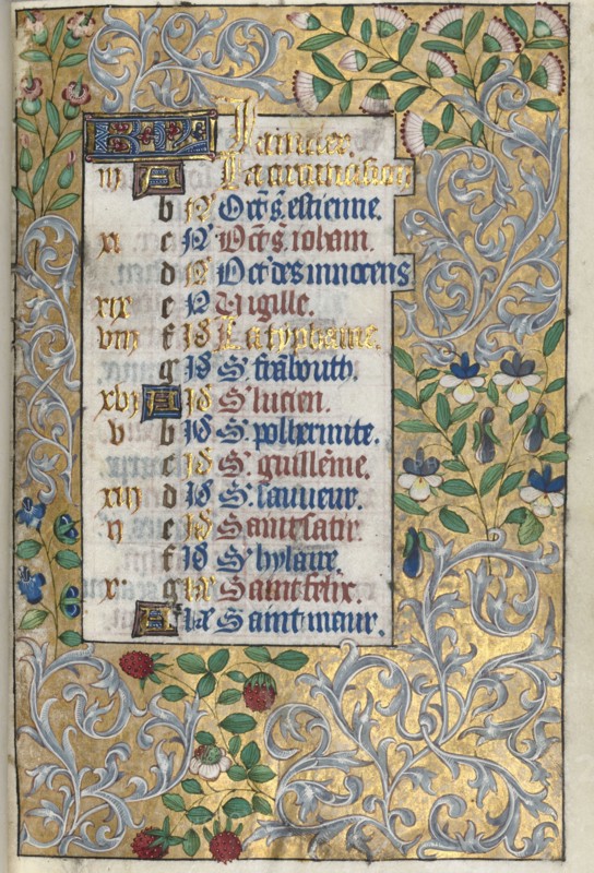 Book of Hours (Use of Rouen): fol. 1r, Elaborate Foliated Border, c. 1470. Master of the Geneva Latini (French, active Rouen, 1460-80). Ink, tempera, and gold on vellum; codex: 19.5 x 13.1 cm (7 11/16 x 5 3/16 in.).