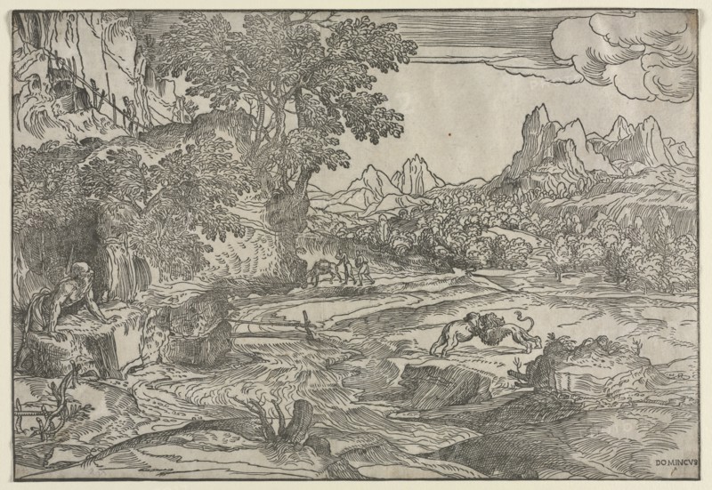 Landscape with Saint Jerome and Two Lions, c. 1530-35. Domenico Campagnola (Italian, 1500-1564). Woodcut