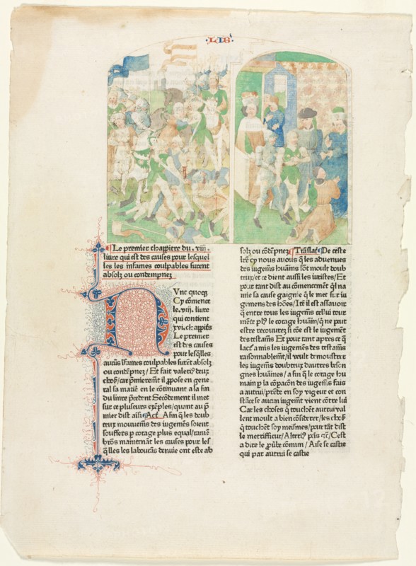 Valerius Maximus's Facta et dicta memorabilia: Opening Page of Book VIII of Valerius Maximus's Facta et dicta memorabilia, c. 1476. Flanders, 15th century. Pen and brown ink, watercolor, and gouache; framing lines in brown ink (around image), with letterpress text; sheet: 38.4 x 28.2 cm (15 1/8 x 11 1/8 in.).