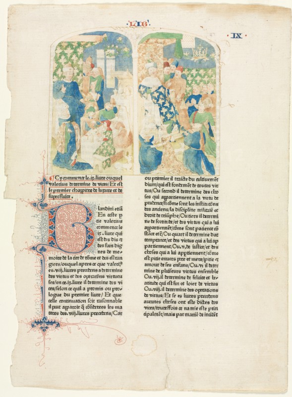 Valerius Maximus's Facta et dicta memorabilia: Opening Page of Book IX of Valerius Maximus's Facta et dicta memorabilia, c. 1476. Flanders, 15th century. Pen and brown ink, watercolor, and gouache; framing lines in brown ink [around image]; with letterpress text; sheet: 38.4 x 28.2 cm (15 1/8 x 11 1/8 in.).