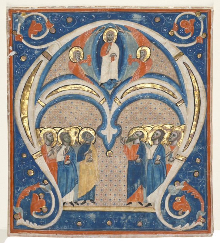Historiated Initial (A) Excised from a Responsorial: Christ in Majesty with Saints, c. 1280-1300. Italy, Siena, 13th century. Ink, tempera, and gold on parchment; sheet: 26.3 x 23.5 cm (10 3/8 x 9 1/4 in.)