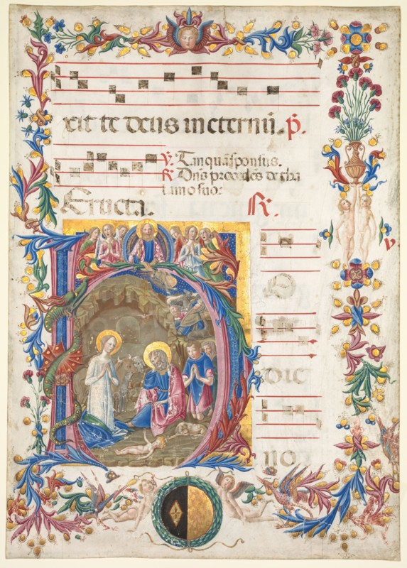 Single Leaf from an Antiphonary: Initial H[odie nobis] with The Nativity, 1471. Benvenuto di Giovanni (Italian, 1436-1509/17). Ink, tempera, and gold on parchment; sheet: 56 x 40 cm (22 1/16 x 15 3/4 in.).