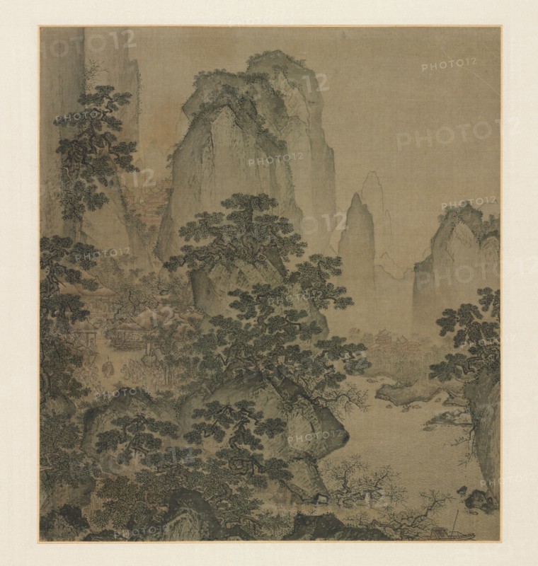 The Haven of the Peach-Blossom Spring, mid-1400s. Attributed to Shi Rui (Chinese, c. 1400-c. 1470). Album leaf, ink and slight color on silk; image: 24.7 x 22.2 cm (9 3/4 x 8 3/4 in.); overall: 66.7 x 40.4 cm (26 1/4 x 15 7/8 in.).