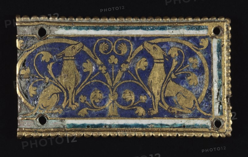 Plaque, probably from a Reliquary Shrine, c. 1200-1250. Mosan, Valley of the Meuse, Gothic period, early 13th century. Gilded copper; champlevé enamel; overall: 3.4 x 5.9 cm (1 5/16 x 2 5/16 in.)