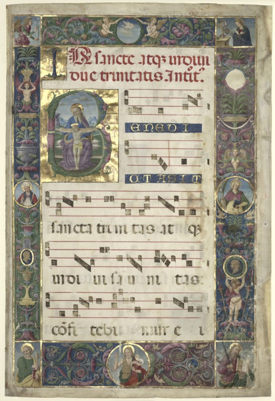 The Trinity:  Leaf from a Gradual with Initial B, c. 1496-1502. Circle of Perugino (Italian, c1450/55-1523). Ink, tempera, and gold on parchment; sheet: 78.7 x 53 cm (31 x 20 7/8 in.)