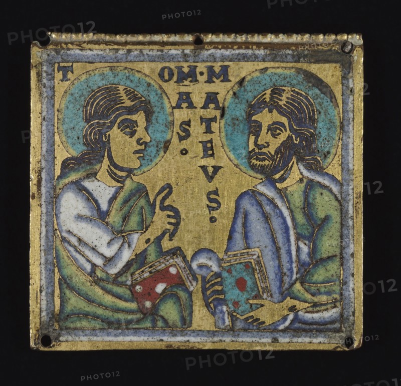 Plaque: Thomas and Matthew, c. 1160. Mosan, Valley of the Meuse, Romanesque period, 12th century. Gilded copper, champlevé enamel; overall: 5.8 x 6.1 cm (2 5/16 x 2 3/8 in.)