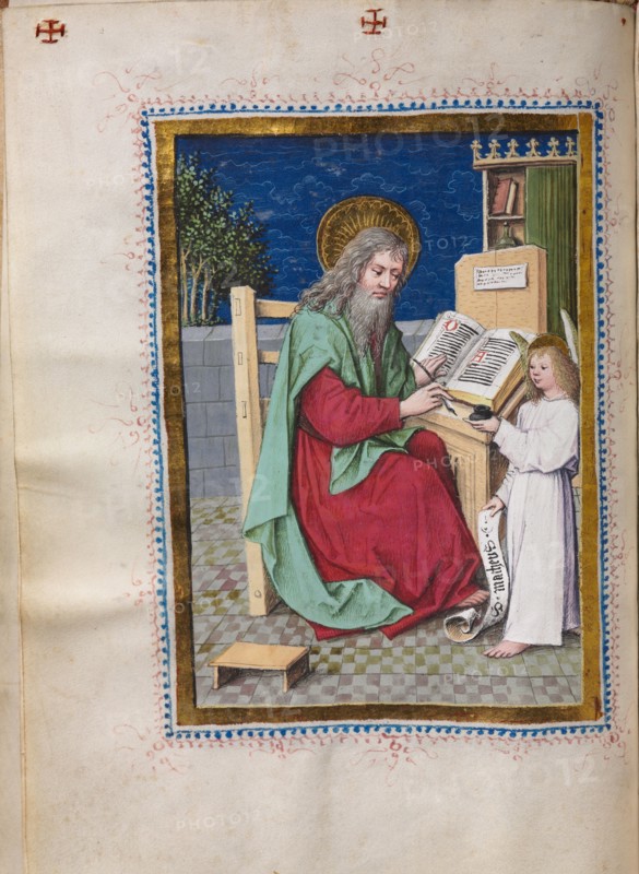 Gospel Book with Evangelist Portraits: Saint Matthew, c. 1480. Hausbuch Master (German). Ink, tempera, and gold on vellum; original blind stamped leather binding; codex: 23.7 x 18.4 x 5.4 cm (9 5/16 x 7 1/4 x 2 1/8 in.)