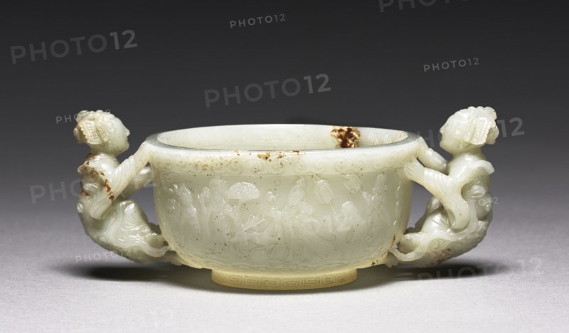 Bowl with Daoist Figures, 1271-1368. China, Yuan dynasty (1271-1368). White jade; diameter of mouth: 10.3 cm (4 1/16 in.); overall: 6.5 cm (2 9/16 in.); width with handles: 16 cm (6 5/16 in.).
