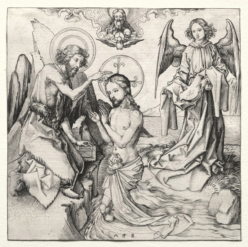 The Baptism of Christ in the Jordan, c. 1480-90. Martin Schongauer (German, c.1450-1491). Engraving
