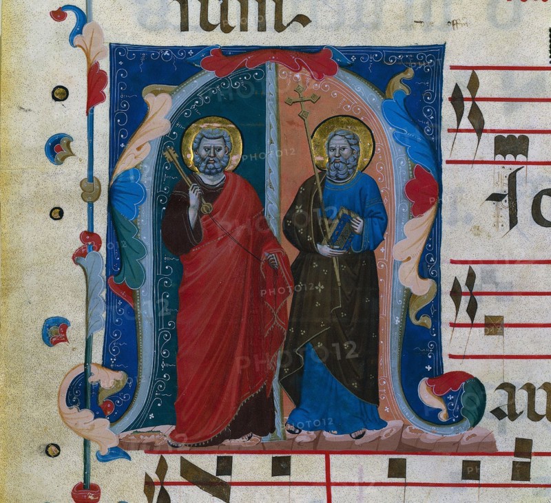 Leaf from a Gradual with Historiated Initial (M): SS. Peter and Andrew, c. 1320-1340. Master of Isaac and Esau (Italian). Ink, tempera, and gold on parchment; sheet: 54.5 x 37.5 cm (21 7/16 x 14 3/4 in.)