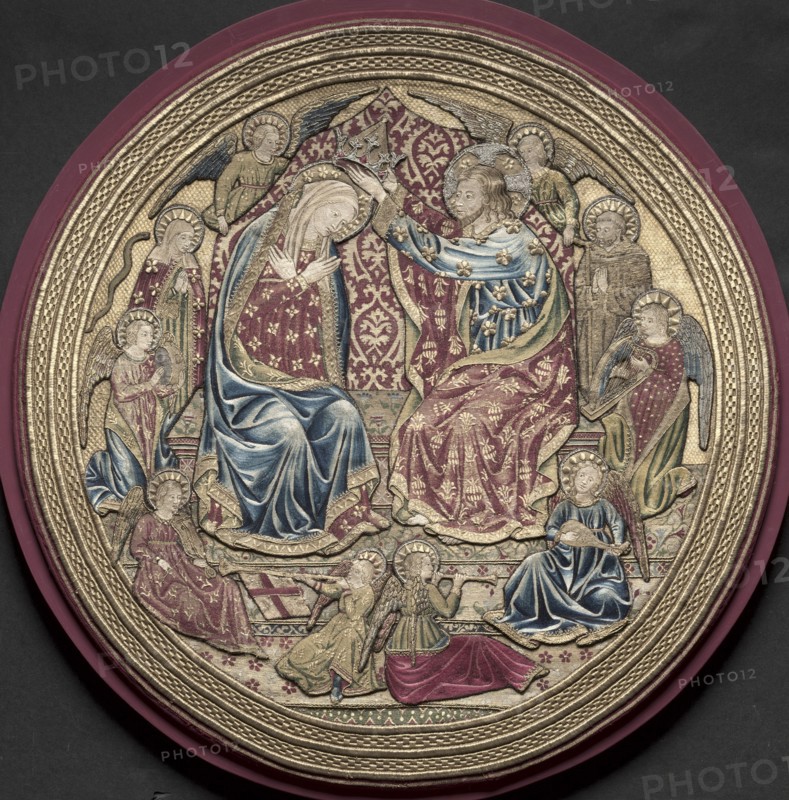 Embroidered Tondo from an Altar Frontal: The Coronation of the Virgin, 1459. Italy, Florence. Embroidery with gold, silver, and silk thread; split, satin, and couching stitches, or nué (shaded