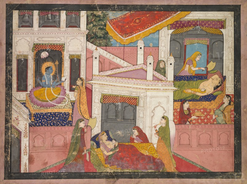 Scenes from the Birth of Krishna, c. 1840. India, Pahari, Kangra, 19th century. Color on paper; image: 25.1 x 34 cm (9 7/8 x 13 3/8 in.); overall: 29.9 x 38.5 cm (11 3/4 x 15 3/16 in.).
