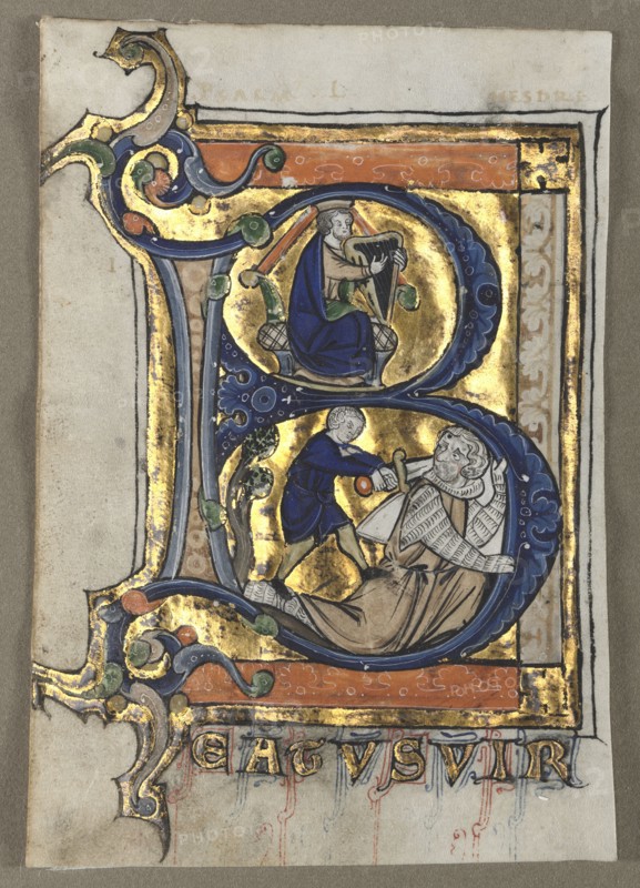 Leaf Excised from a Psalter: Initial B with King David, c. 1260. Flanders, Liège(?), 13th century. Tempera and gold on vellum; sheet: 13 x 8.9 cm (5 1/8 x 3 1/2 in.).
